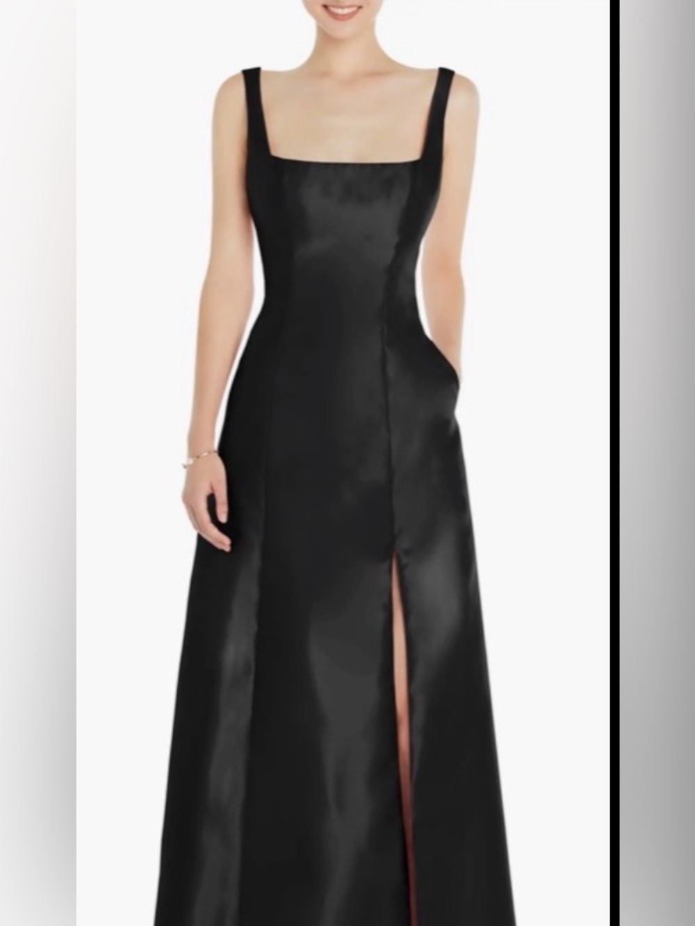 ALFRED SUNG Black Satin A-Line Evening Gown with Thigh Slit
